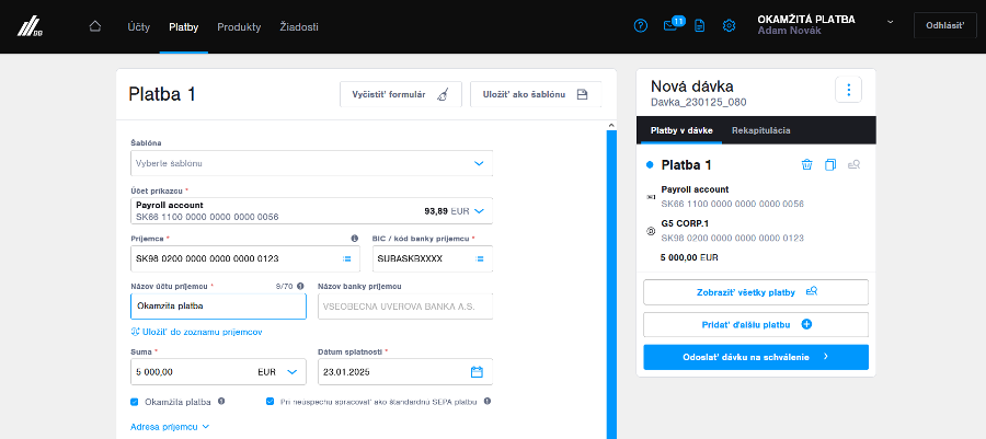 okamzita platba business banking tatra banky